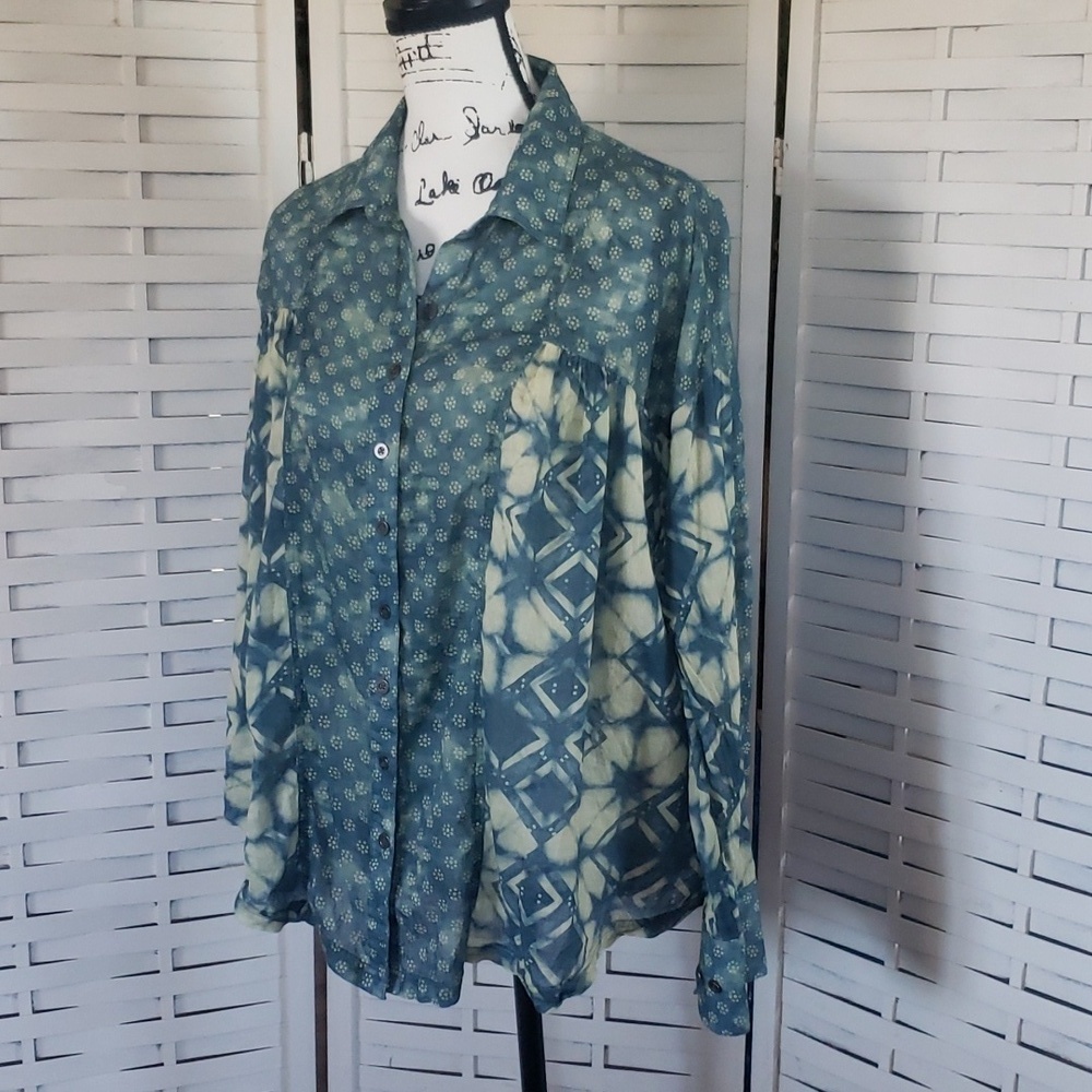 We the free oversized blue green button down long sleeve shirt XS